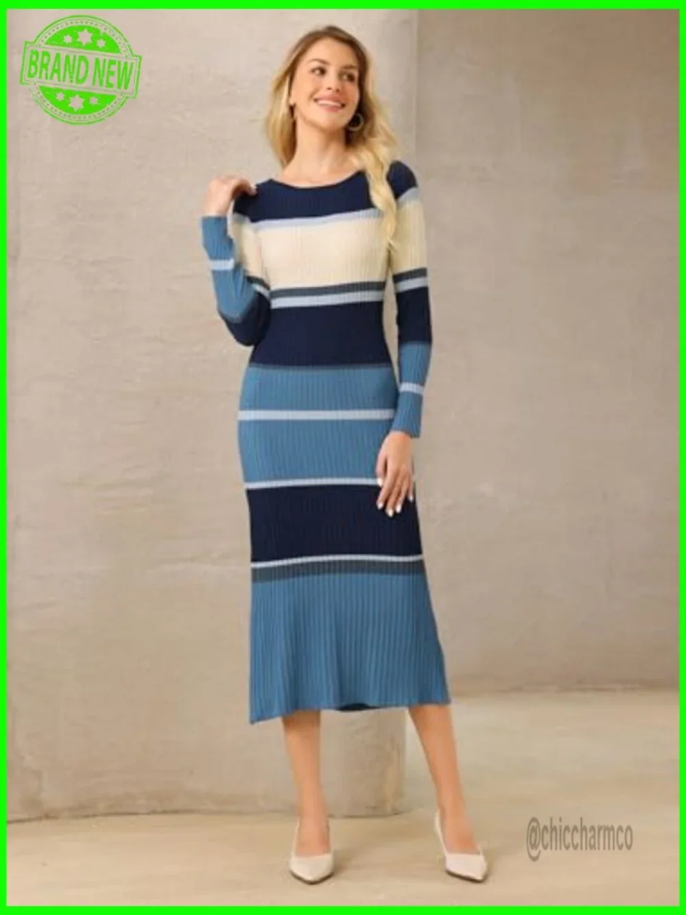 Striped Sweater Dress Long Sleeve Ribbed Knit Bodycon Midi Work Casual - Picture 2 of 6